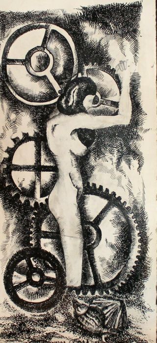Antique German Surrealist Nude Woman Portrait Ink Painting Signed Max Ernst