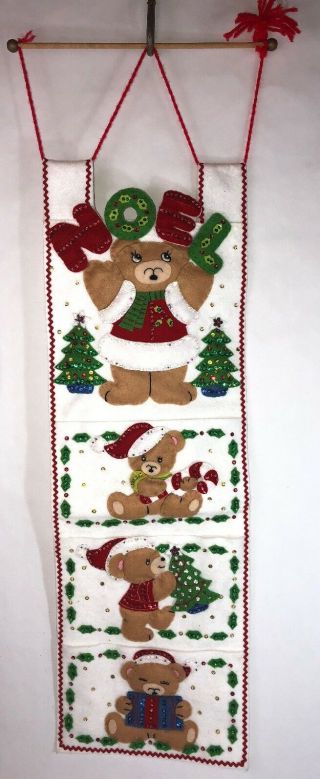 Vintage Christmas Noel Bear Felt Sequin Beaded Door Wall Hanging Card Holder