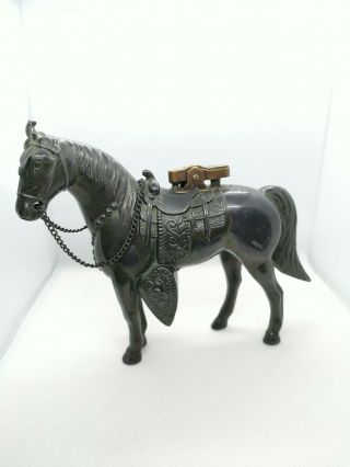 Vintage Van Hunks Style Brass Horse With Western Saddle Table Cigarette Lighter