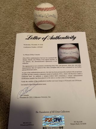 Mickey Mantle Whitey Ford Signed Baseball Psa Dna Certified Autograph Full Loa