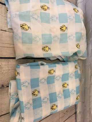 Vintage Blue Checkerd Tweety Bird 2 Piece Twin Bedding Sheet Set Warners Bro