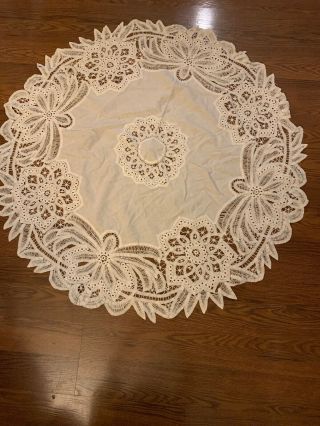 Vintage Tablecloth Table Topper Round White Crochet Edge 42” Inserts