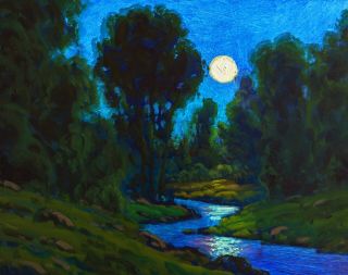 Max Cole Oil Painting Landscape Signed Vintage Antique Blue Moon Art 4