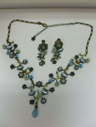 Vintage Avon Nr Blue Rhinestone Faux Pearl Flower Necklace Clip Earrings
