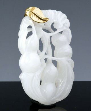 Very Fine Chinese Hetian White Jade & 14k Gold Double Gourds Bat Pendant