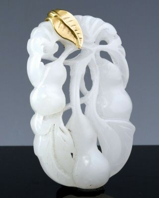 VERY FINE CHINESE HETIAN WHITE JADE & 14K GOLD DOUBLE GOURDS BAT PENDANT 2