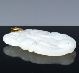 VERY FINE CHINESE HETIAN WHITE JADE & 14K GOLD DOUBLE GOURDS BAT PENDANT 3