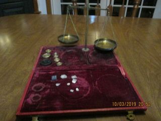 Vintage Jewelers Balance Scale Complete In Red Velvet & Leather Case