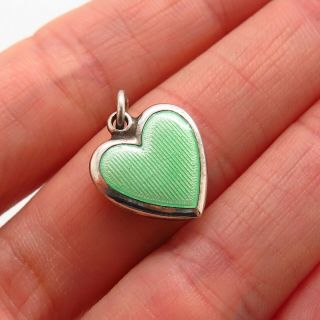Antique Victorian 925 Sterling Silver Guilloche Green Enamel Heart Charm Pendant