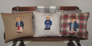 (3) Vintage Polo Bear Ralph Lauren Throw Pillows Down Inserts 18 "