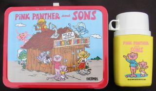 Vintage Pink Panther & Sons Lunchbox & Thermos - Tv Cartoon (1985) C - 8.  5/9 Minty