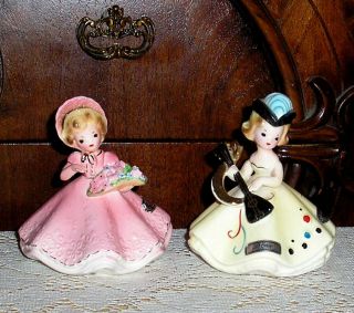 2 Vtg Josef Originals Porcelain Figurines 3 3/4 " October Doll & Pink W/ Flowers