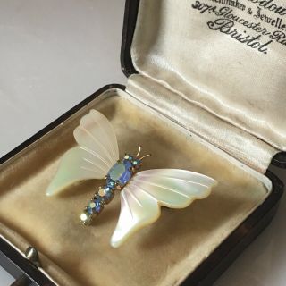 Vintage 1950’s Carved Mother Of Pearl Butterfly Brooch Set With Blue Ab Diamanté