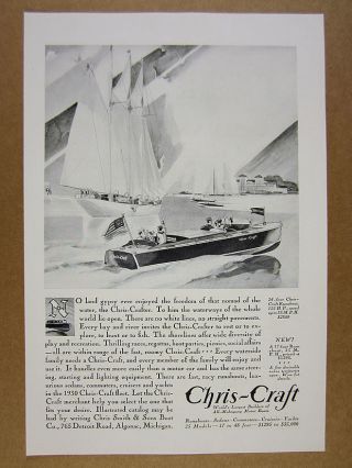 1930 Chris - Craft 24 Ft Runabout Boat Illustration Art Vintage Print Ad