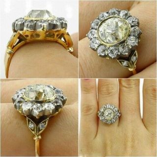4ct Antique Art Deco Diamond Cluster Engagement Ring 14k Yellow Gold Finish