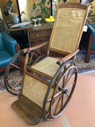 Antique Large Wooden & Caned Wheelchair W/ 3 Wheels - (small Rear) -