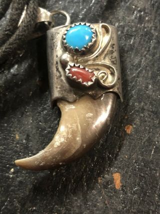 Vintage Navajo Sterling Silver turquoise/coral Claw Pendant - necklace 2