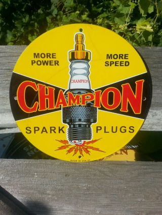 Vintage 1957 Champion Spark Plug Porcelain Sign Gas Station Oil Pump Plate