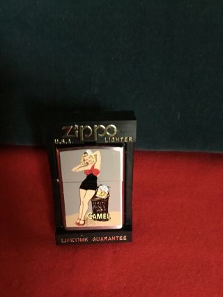 1997 Zippo Camel Cigarette Pin Up Girl Lighter Silver Tone With Case