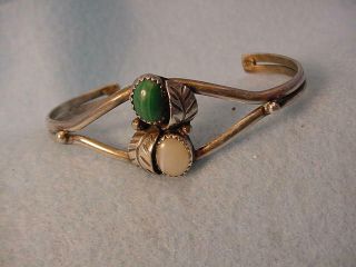 Vintage Sterling Mother Of Pearl & Malachite Stone Cuff Bracelet