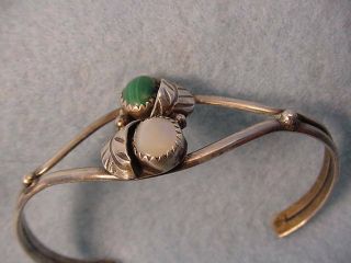 Vintage Sterling Mother Of Pearl & Malachite Stone Cuff Bracelet 2