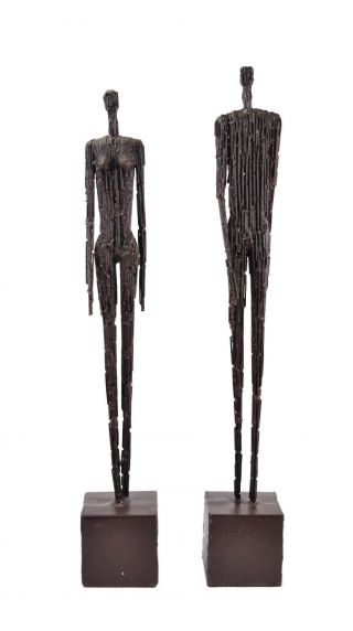 Pair Vintage Mid Century Modern Brutalist Abstract Male Female Metal Sculptures