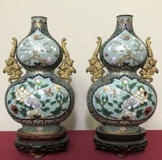 Antique Pair Chinese Cloisonné Enamel Gilt Open Work Double Gourd Vases Exclnt