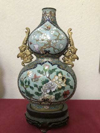 Antique Pair Chinese Cloisonné Enamel Gilt Open Work Double Gourd Vases EXCLNT 2