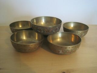 Attractive Set Of 6 Vintage Solid Brass With Red Enamel Dishes Bowls 7cms