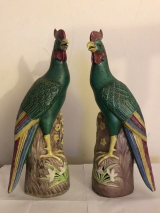 Pair Antique Chinese Export Parrot Birds Green & Famille Rose Porcelain Figures