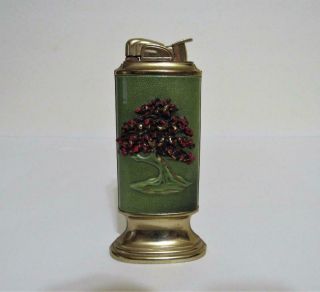 Vintage Evans Table Lighter Tree Motif Green Enamel Gold Trim Antique