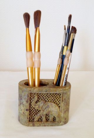 Vintage Indian Carved Soapstone Desktop Pen Pot Brush Holder 3 Ins Tall