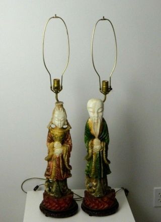 Antique Vintage Hand Carved Soap Stone Lamp Pair Set Asian Chinese Man Woman