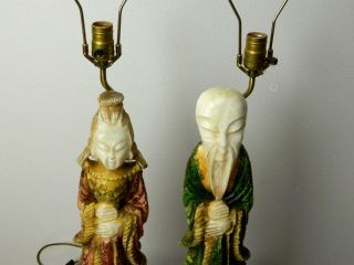 Antique Vintage Hand Carved Soap Stone Lamp Pair Set Asian Chinese Man Woman 2