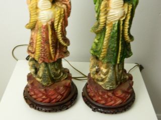 Antique Vintage Hand Carved Soap Stone Lamp Pair Set Asian Chinese Man Woman 3