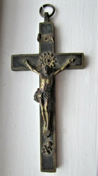 Antique Vintage Pectoral Skull & Cross Bones Crucifix Crossblack Wood & Bronze