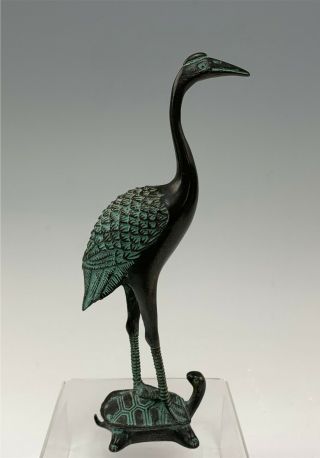Vintage Bronze Figure Of Crane Or Heron Bird Standing On Back Of Turtle
