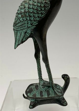 Vintage Bronze Figure of Crane or Heron Bird Standing on Back of Turtle 2