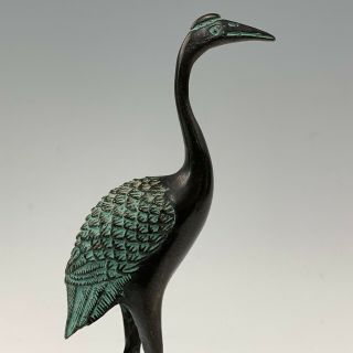 Vintage Bronze Figure of Crane or Heron Bird Standing on Back of Turtle 3