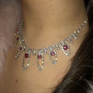 Vintage 1980s Pretty In Pink Prom Queen Sparkly Diamante Necklace