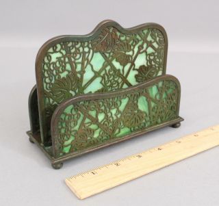 Antique Tiffany Studios Grapevine Bronze Green Slag Glass Desktop Letter Holder