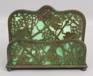 Antique TIFFANY STUDIOS Grapevine Bronze Green Slag Glass Desktop LETTER HOLDER 2