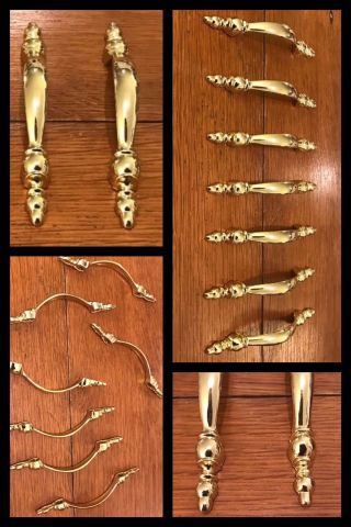 7 Handles Polished Brass Colonial Pulls Arch Cabinet Drawer English Vintage