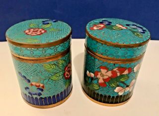 2 Vint Chinese Blue Cloisonne Boxes Lidded Cigarette Holder Tobacco Jar