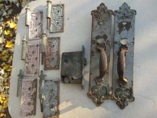 Vintage Antique Brass And Cast Iron Gothic Mid Evil Church Door Handles Hinges