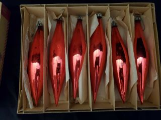 6 Vintage Red Hand Blown Mercury Glass Icicle Teardrop Christmas Tree Ornaments