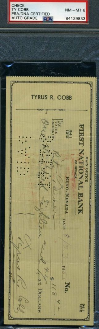 Ty Cobb Psa Dna Autograph 1951 Check Authentic Hand Signed
