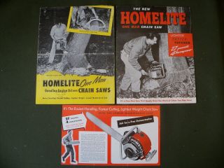 3 Vintage 1950s Homelite One Man Chain Saw - 2 Brochures And 1 Single Sheet Flyer
