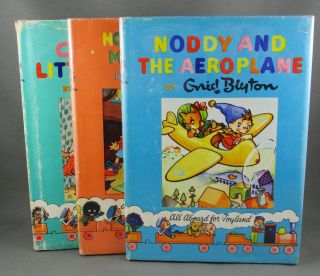3 Vintage Noddy Books With Dust Jackets Magic Rubber & The Aeroplane & Cheer Up