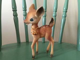 Vintage Christmas Plastic Flocked Felt Reindeer Deer Figurine With Bell Chain